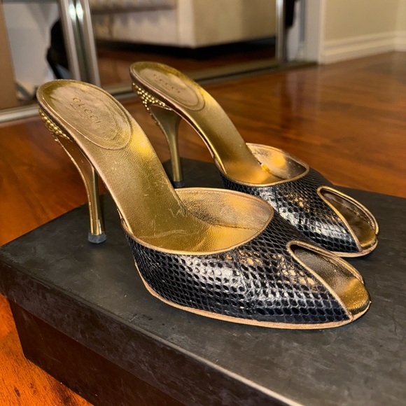 Gucci Studded Black and Gold Peep Toe Heels — Tom Ford Farewell Collection - Picture 2 of 4